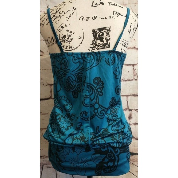 Vintage Teal Peacock Spaghetti Strap Cami Stretch MINI DRESS Size Medium USA - Picture 5 of 7